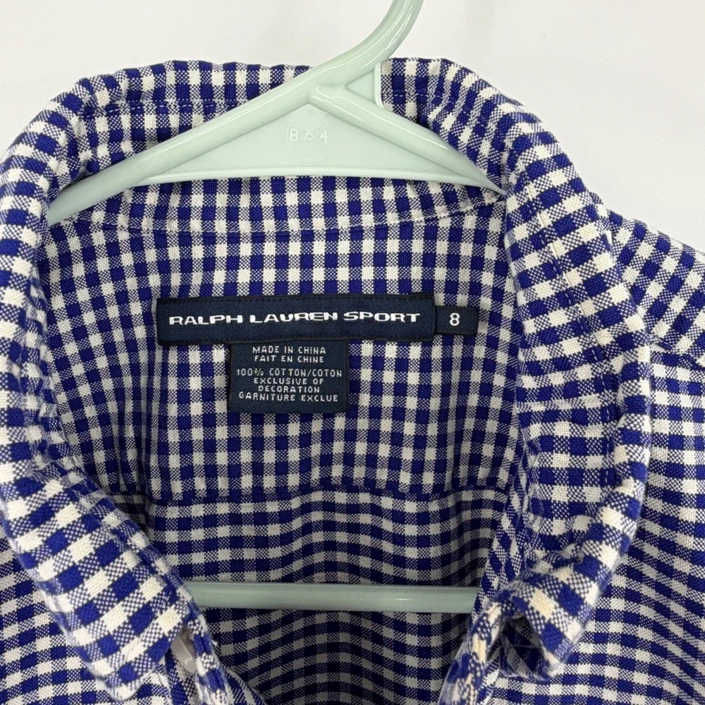Ralph Lauren Sport Button Down Shirt Kids‎ 8 Blue Gingham Long Sleeve Pony Logo
